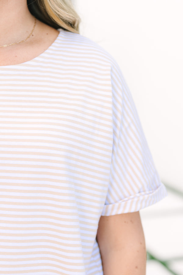 Chic Soul plus size clothing, light tan and white horizontal pin stripe short sleeve crewneck top
