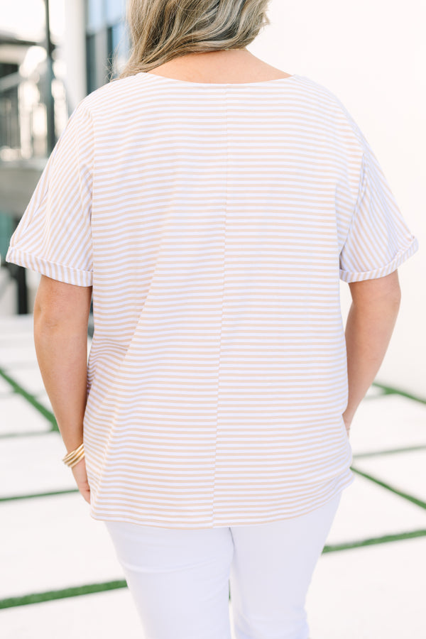 Chic Soul plus size clothing, light tan and white horizontal pin stripe short sleeve crewneck top
