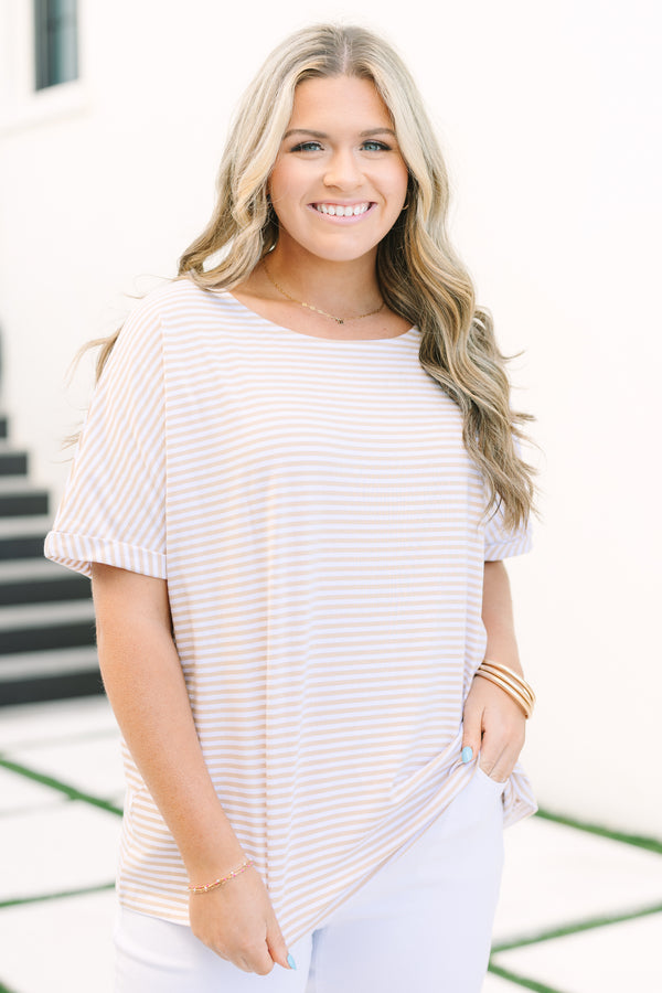 Chic Soul plus size clothing, light tan and white horizontal pin stripe short sleeve crewneck top
