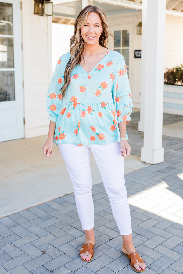 Chic Soul plus size clothing, mint three quarter length sleeves with orange floral print with v neckline