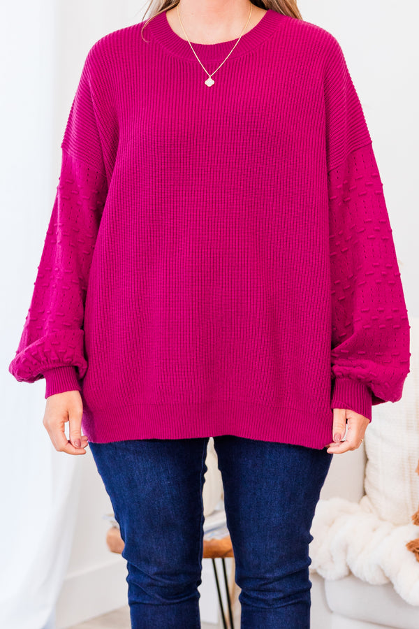 Chic Soul plus size clothing, magenta long sleeve knit sweater with textured print along sleeves with cuffed balloon sleeves with round neckline 