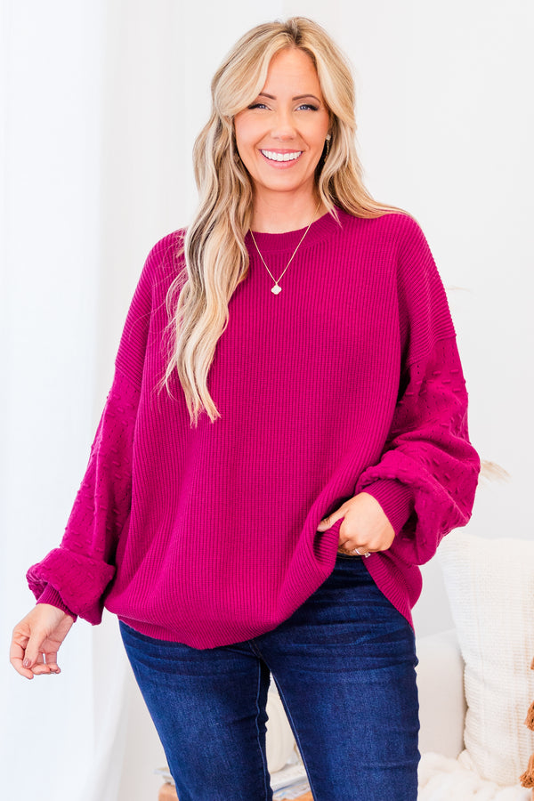 Chic Soul plus size clothing, magenta long sleeve knit sweater with textured print along sleeves with cuffed balloon sleeves with round neckline 