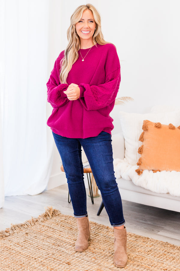 Chic Soul plus size clothing, magenta long sleeve knit sweater with textured print along sleeves with cuffed balloon sleeves with round neckline 
