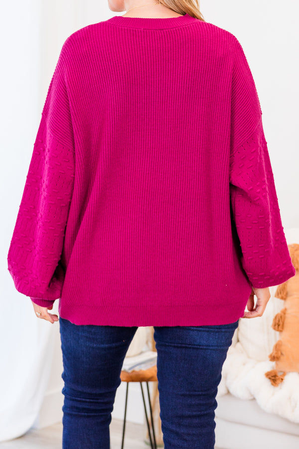 Chic Soul plus size clothing, magenta long sleeve knit sweater with textured print along sleeves with cuffed balloon sleeves with round neckline 