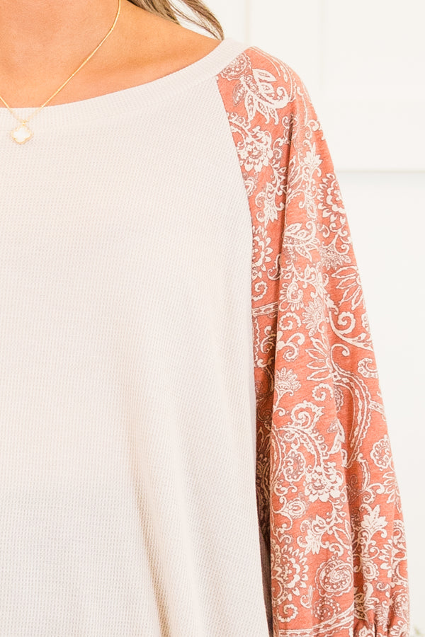 Chic Soul plus size clothing, ivory waffle knit long sleeve top with round neckline and cuff sleeves with brick paisley pattern along sleeves