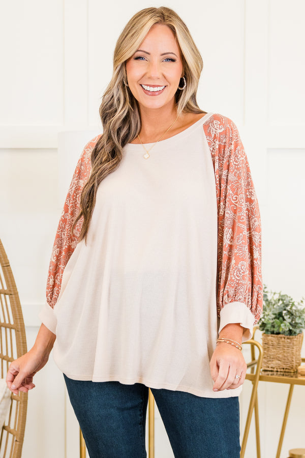Chic Soul plus size clothing, ivory waffle knit long sleeve top with round neckline and cuff sleeves with brick paisley pattern along sleeves