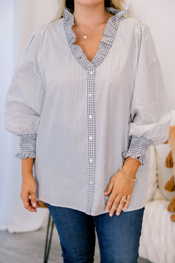 Chic Soul plus size clothing, grey stripped button-up top with a ruffle detail at the end of the sleeves and around the collar 