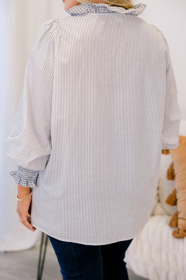 Chic Soul plus size clothing, grey stripped button-up top with a ruffle detail at the end of the sleeves and around the collar 