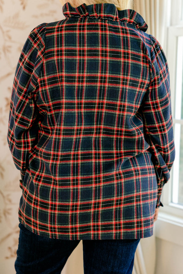 Chic Soul plus size clothing, navy long sleeve plaid button up top with a v neckline and ruffles around the neckline and sleeves 