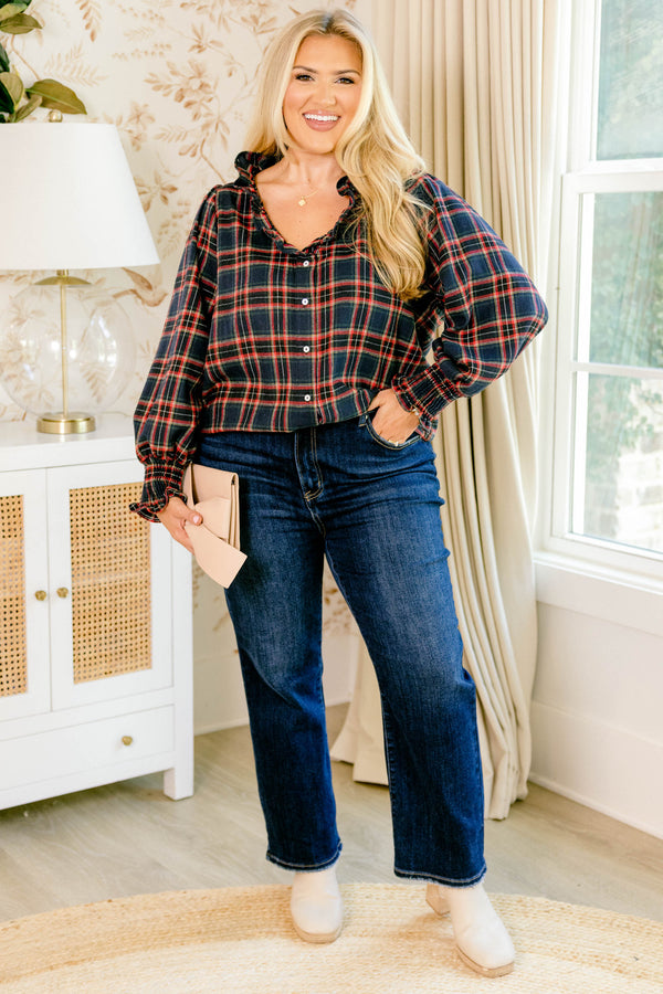 Chic Soul plus size clothing, navy long sleeve plaid button up top with a v neckline and ruffles around the neckline and sleeves 