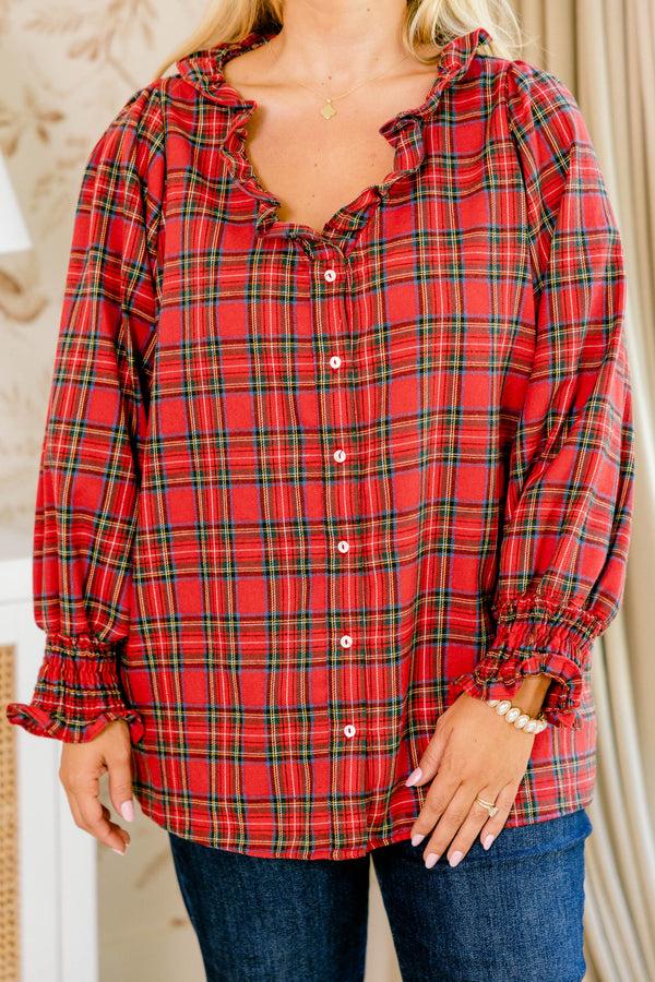 Chic Soul plus size clothing, red long sleeve plaid button up top with a v neckline and ruffles around the neckline and sleeves 