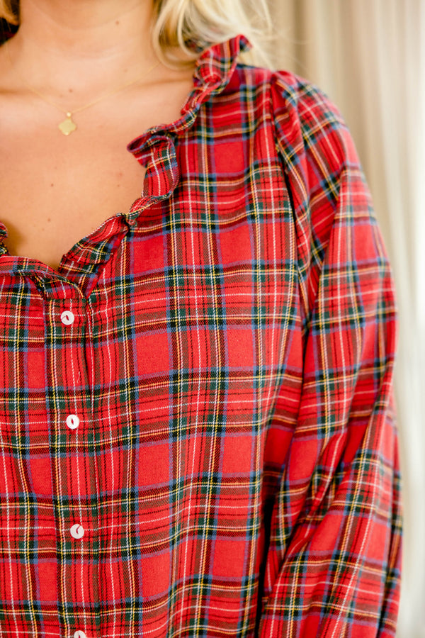 Chic Soul plus size clothing, red long sleeve plaid button up top with a v neckline and ruffles around the neckline and sleeves 