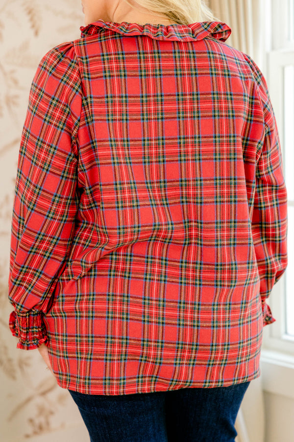 Chic Soul plus size clothing, red long sleeve plaid button up top with a v neckline and ruffles around the neckline and sleeves 