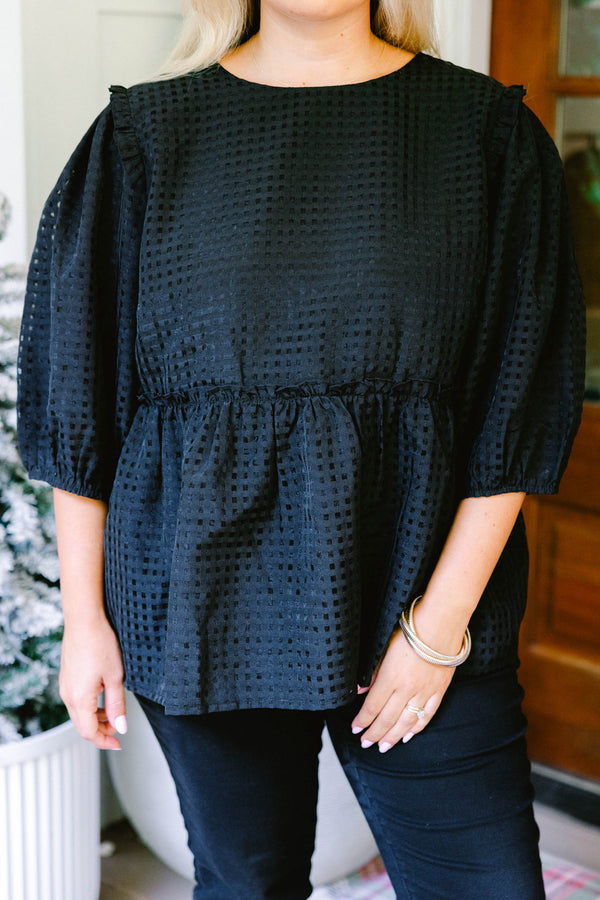 Chic Soul plus size clothing, black grid tweed mid sleeve baby doll top