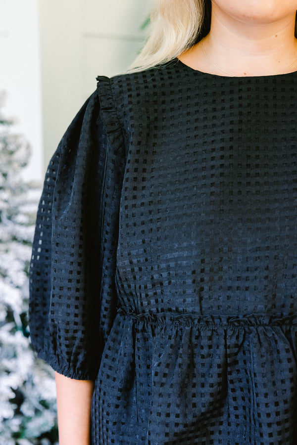 Chic Soul plus size clothing, black grid tweed mid sleeve baby doll top