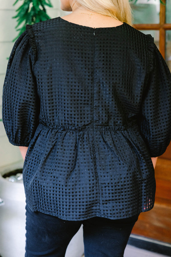 Chic Soul plus size clothing, black grid tweed mid sleeve baby doll top