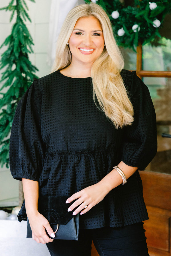 Chic Soul plus size clothing, black grid tweed mid sleeve baby doll top