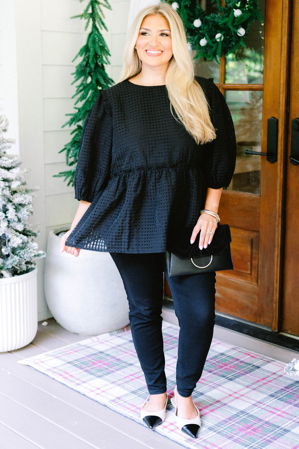 Chic Soul plus size clothing, black grid tweed mid sleeve baby doll top