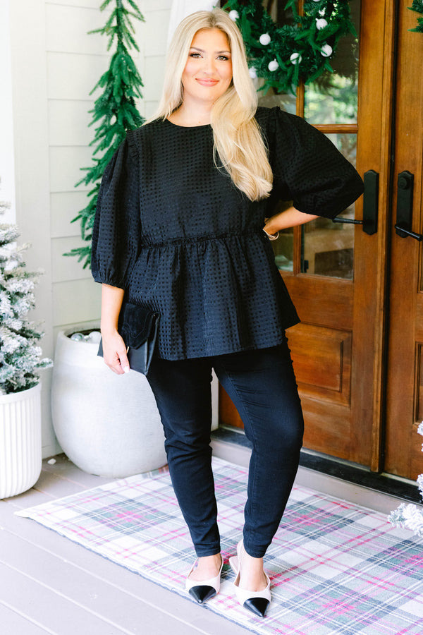 Chic Soul plus size clothing, black grid tweed mid sleeve baby doll top