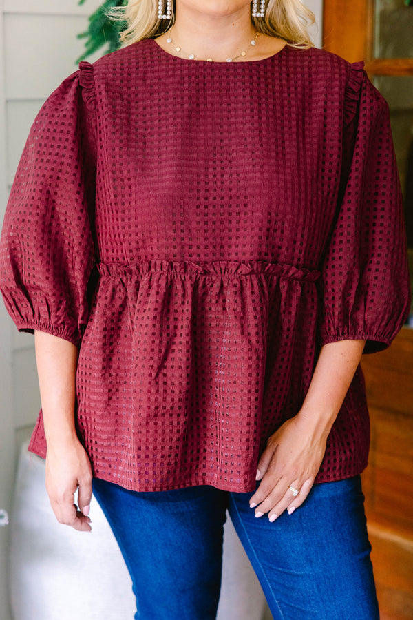 Chic Soul plus size clothing, burgundy red grid pattern puff short sleeve baby doll top
