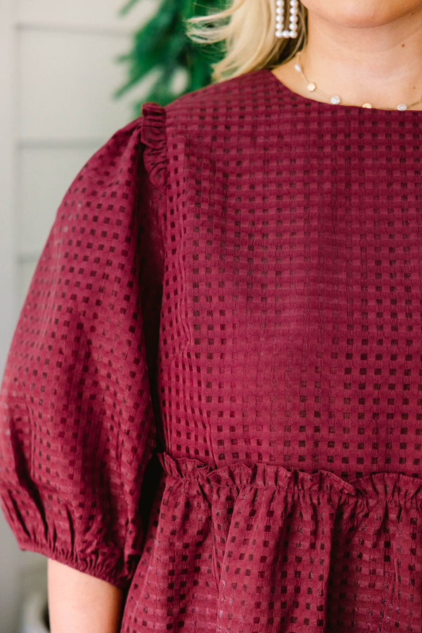 Chic Soul plus size clothing, burgundy red grid pattern puff short sleeve baby doll top
