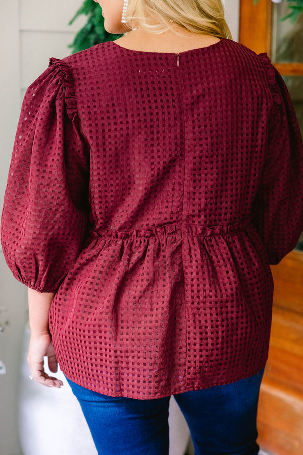 Chic Soul plus size clothing, burgundy red grid pattern puff short sleeve baby doll top
