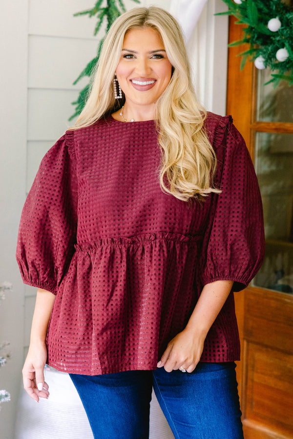 Chic Soul plus size clothing, burgundy red grid pattern puff short sleeve baby doll top
