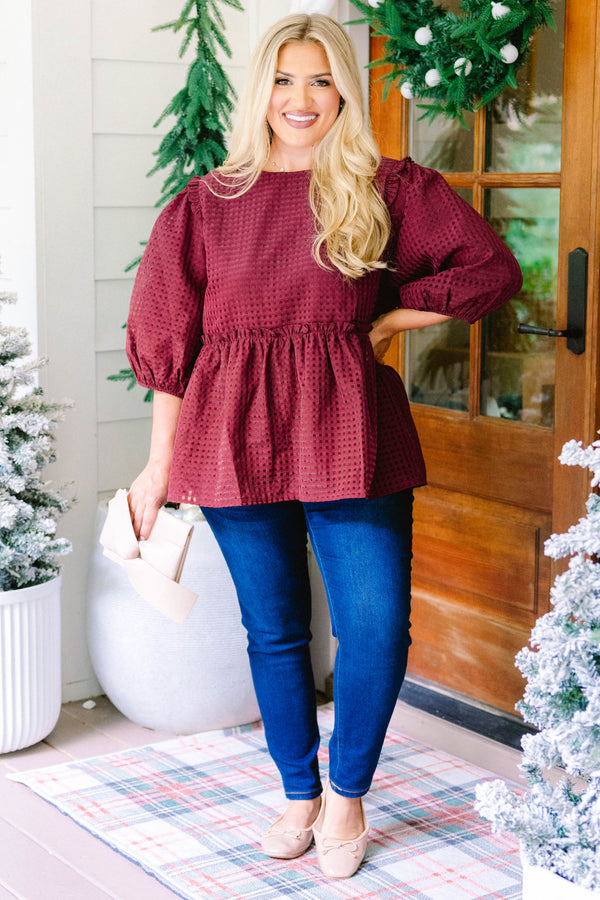 Chic Soul plus size clothing, burgundy red grid pattern puff short sleeve baby doll top
