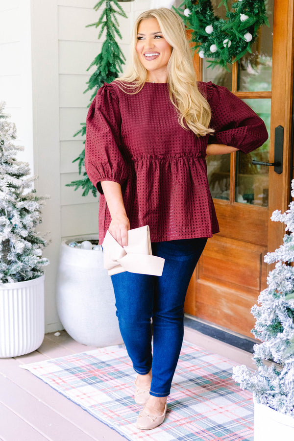 Chic Soul plus size clothing, burgundy red grid pattern puff short sleeve baby doll top
