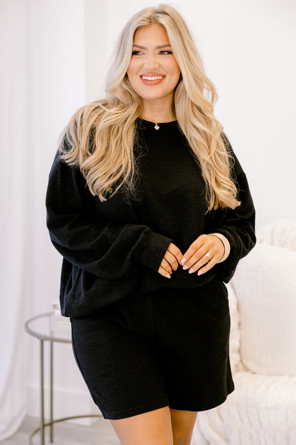 Chic Soul plus size clothing, black long sleeve top and shorts matching lounge set