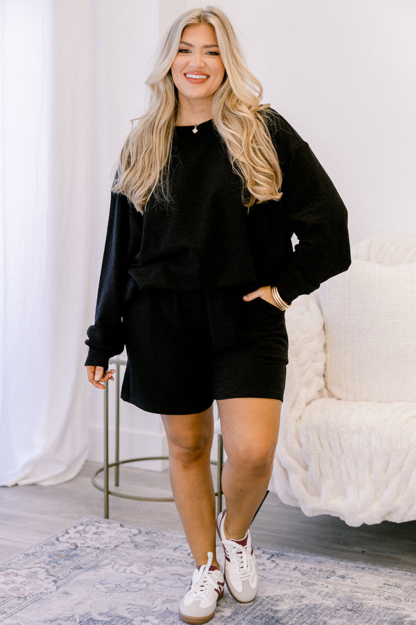 Chic Soul plus size clothing, black long sleeve top and shorts matching lounge set