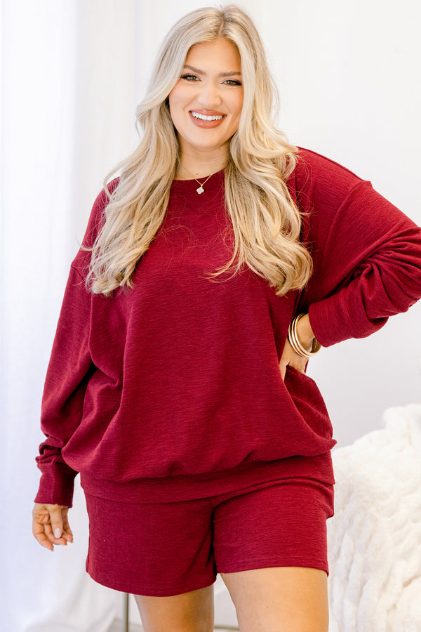 Chic Soul plus size clothing, dark red long sleeve and shorts matching set