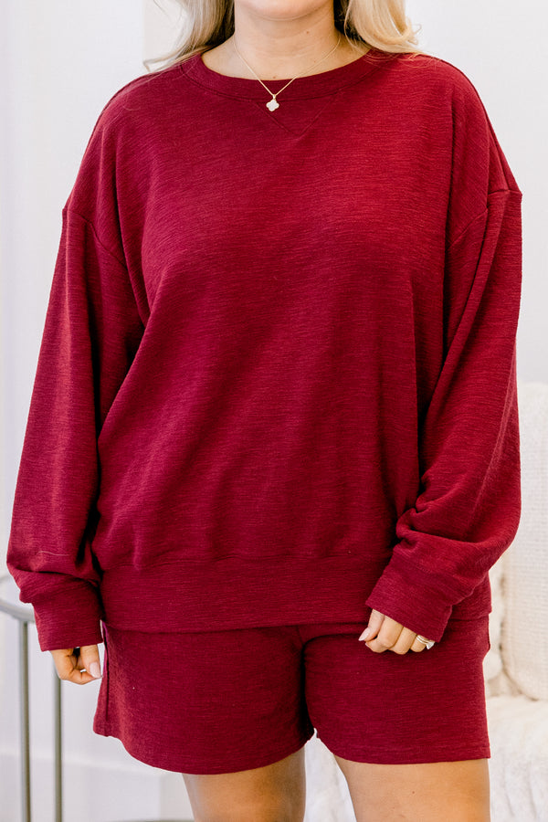 Chic Soul plus size clothing, dark red long sleeve and shorts matching set