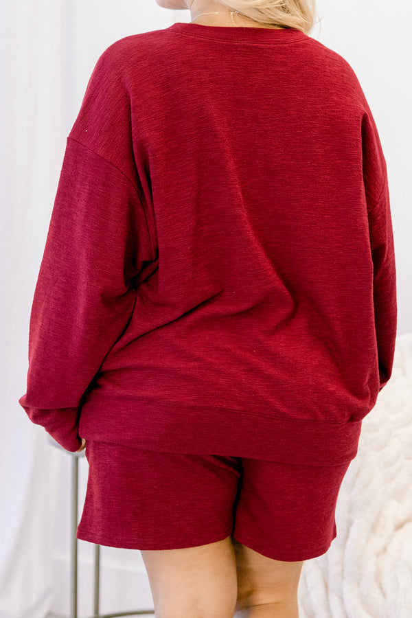 Chic Soul plus size clothing, dark red long sleeve and shorts matching set