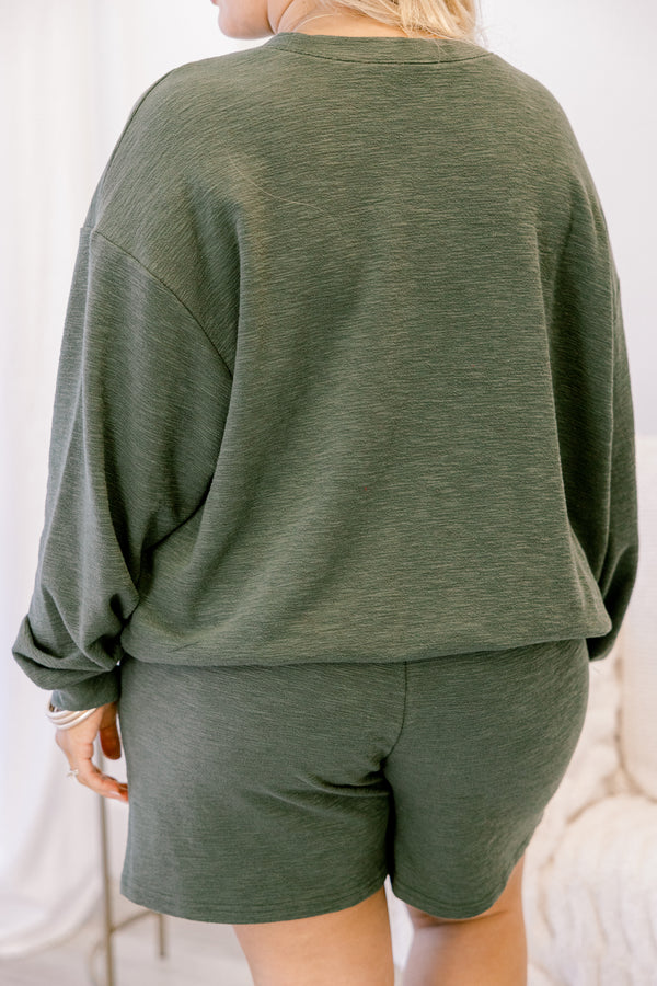Chic Soul plus size clothing, dark olive long sleeve and shorts matching lounge set