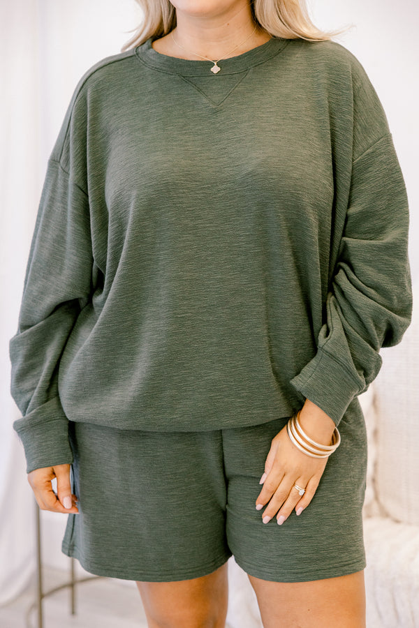 Chic Soul plus size clothing, dark olive long sleeve and shorts matching lounge set