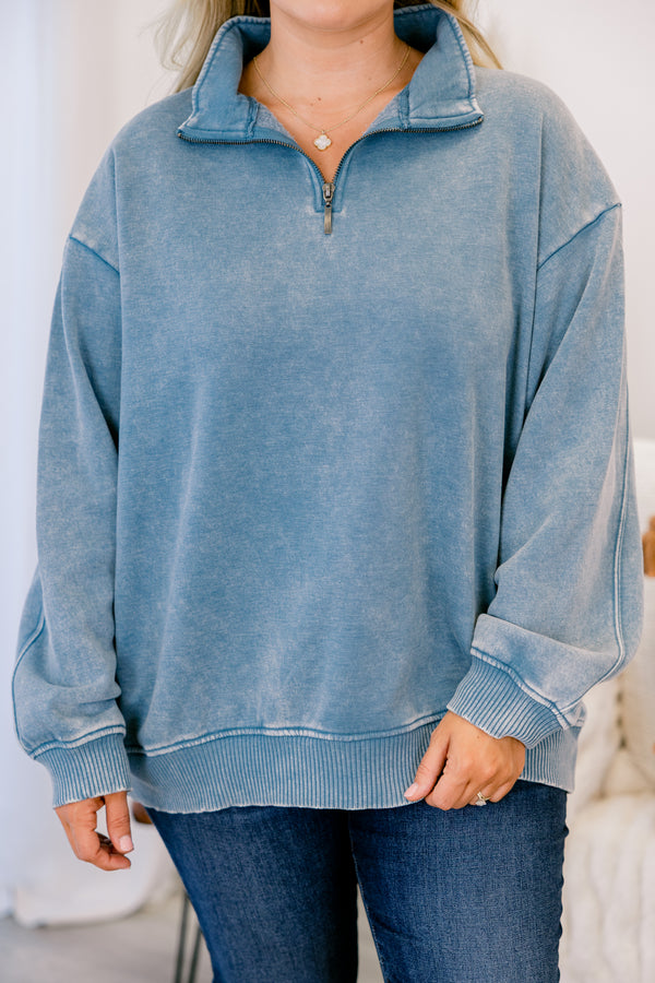 Chic Soul plus size clothing, blue grey acid washed long sleeve pullover with a zipper going down to the top of the chest and a collar 