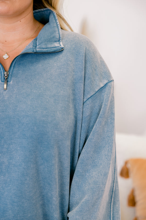 Chic Soul plus size clothing, blue grey acid washed long sleeve pullover with a zipper going down to the top of the chest and a collar 