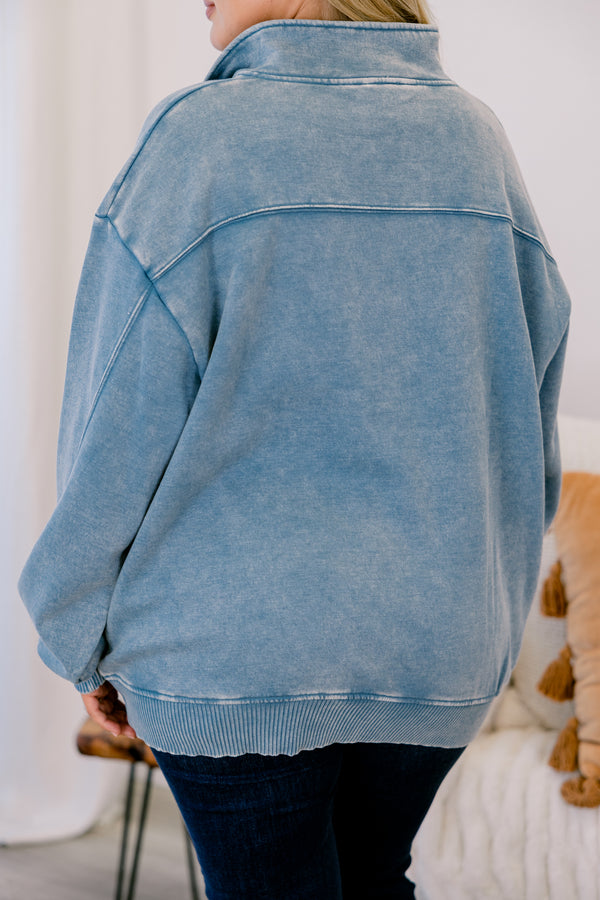 Chic Soul plus size clothing, blue grey acid washed long sleeve pullover with a zipper going down to the top of the chest and a collar 