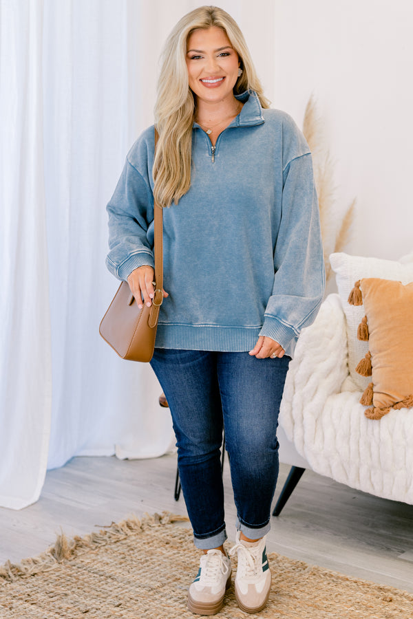 Chic Soul plus size clothing, blue grey acid washed long sleeve pullover with a zipper going down to the top of the chest and a collar 