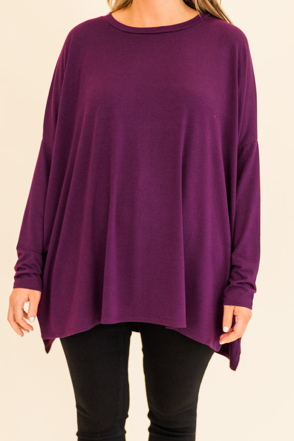 Chic Soul plus size clothing, flowy long-sleeve dark plum top with cut out on side and scoop-neckline