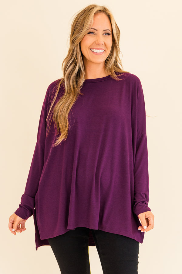 Chic Soul plus size clothing, flowy long-sleeve dark plum top with cut out on side and scoop-neckline
