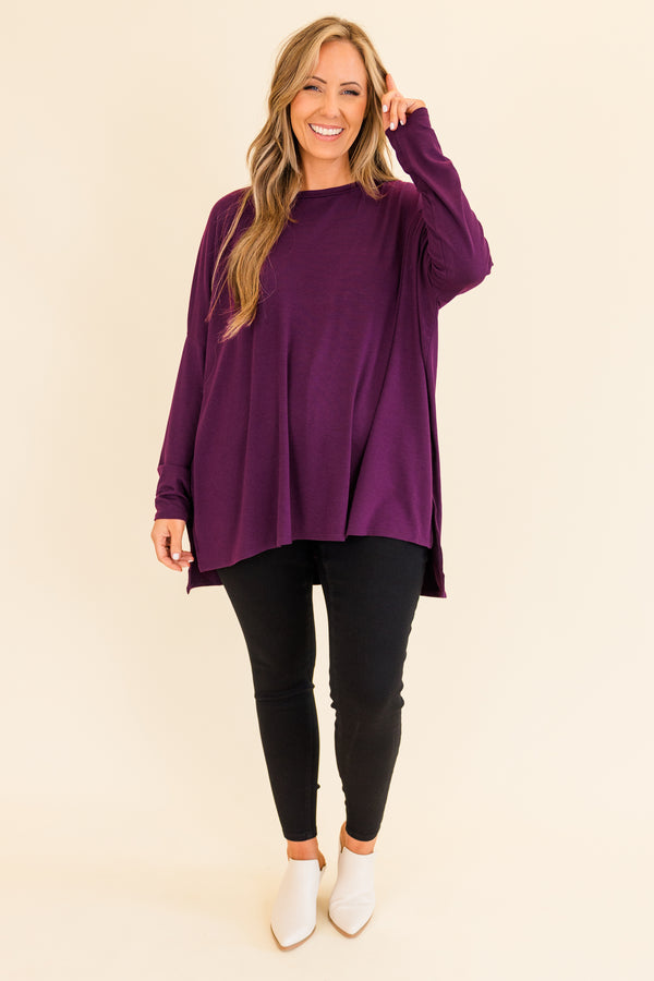 Chic Soul plus size clothing, flowy long-sleeve dark plum top with cut out on side and scoop-neckline