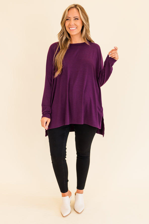 Chic Soul plus size clothing, flowy long-sleeve dark plum top with cut out on side and scoop-neckline