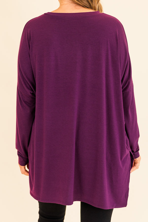 Chic Soul plus size clothing, flowy long-sleeve dark plum top with cut out on side and scoop-neckline