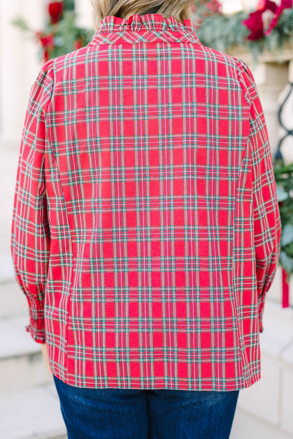 Plus size red plaid cotton top with a ruffle collar and button-down front.