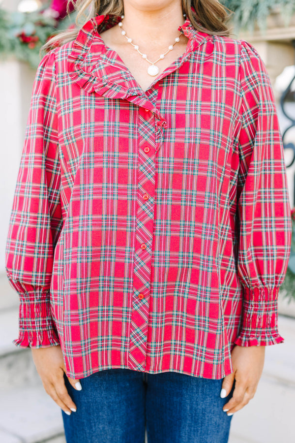 Plus size red plaid cotton top with a ruffle collar and button-down front.