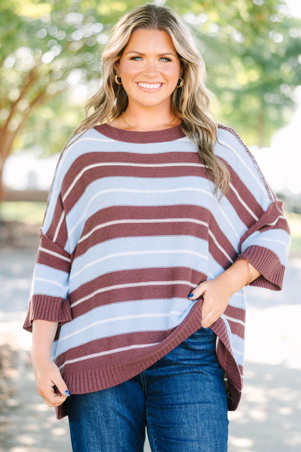 Plus Size brown and blue striped sweater with a crew neckline and three-quarter length sleeves.