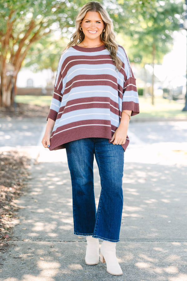 Plus Size brown and blue striped sweater with a crew neckline and three-quarter length sleeves.