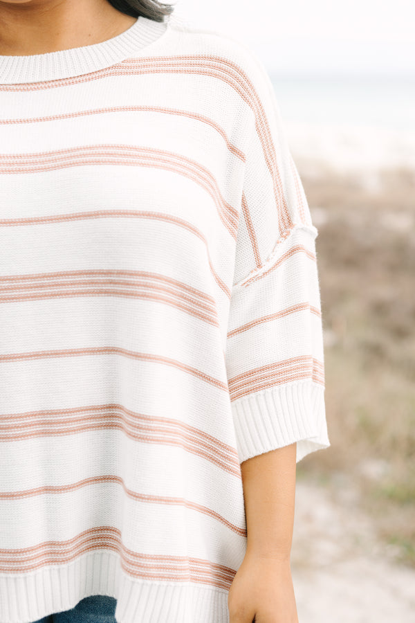 Chic Soul plus size clothing, white and tan horizontal stripe midi sleeve light knit sweater